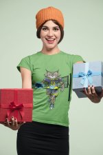 owl-ollie-white-lady-green-tshirt-holding-christmas-gifts