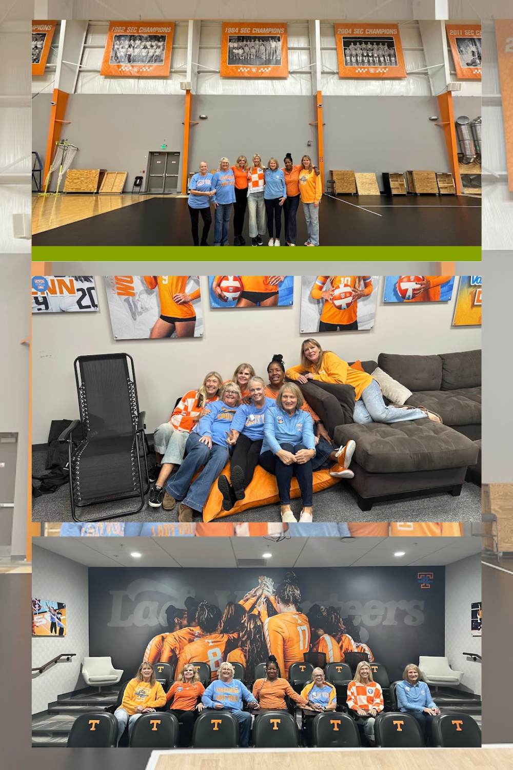 Lady Vols 1984 SEC Champion Tournament Champions on Champion Weekend at the Joan Cronan Facility: Lady Vol volleyball team with Coach April Chapple on Nov 1 photo collage.