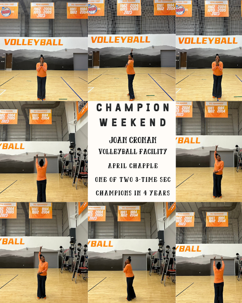 April Chapple at the University of Tennessee Knoxville Women's Volleyball NCAA Tournament and SEC Championship Banner Wall in the Joan Cronan Volleyball Facility for Champion Weekend Nov 1-2, 2024