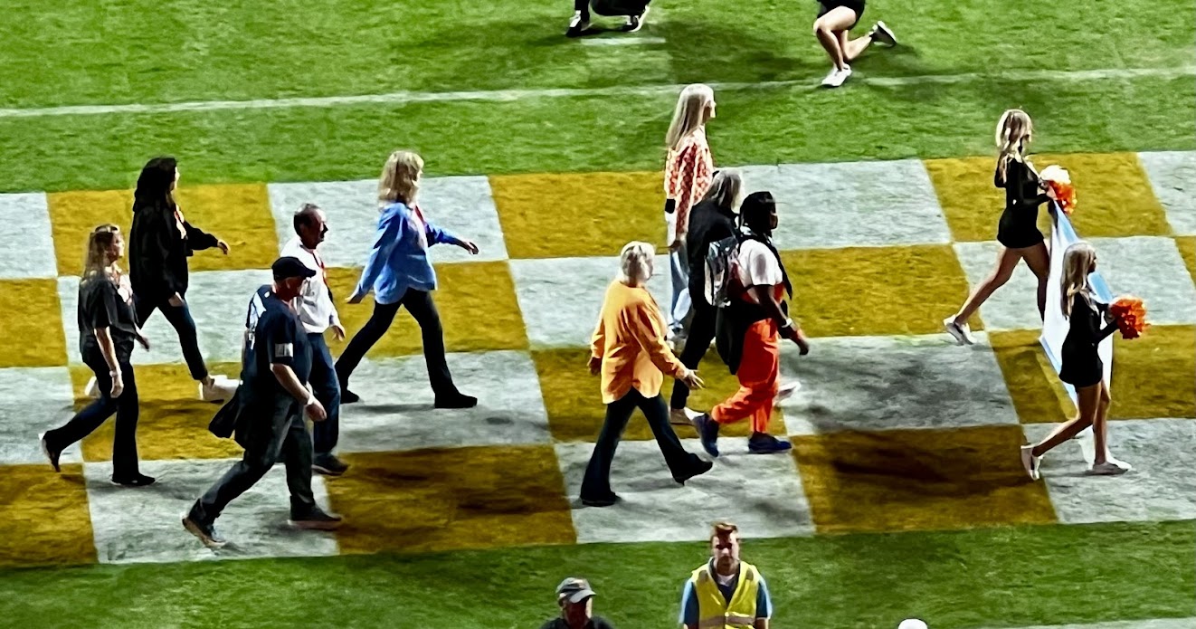 Tennessee Hall of Fame inductee, 3-time All-American, America's first ever First Round Draft Pick for an American pro indoor league and First Team All-Pro for Major League Volleyball and former USA National team member, April Chapple and the UTK 1984 SEC Lady Vol volleyball team introduced and honored in front of a soldout crowd on the field in Neyland Stadium during halftime at the Kentucky vs Tennessee football game during Champions Weekend on Nov 2, 2024.