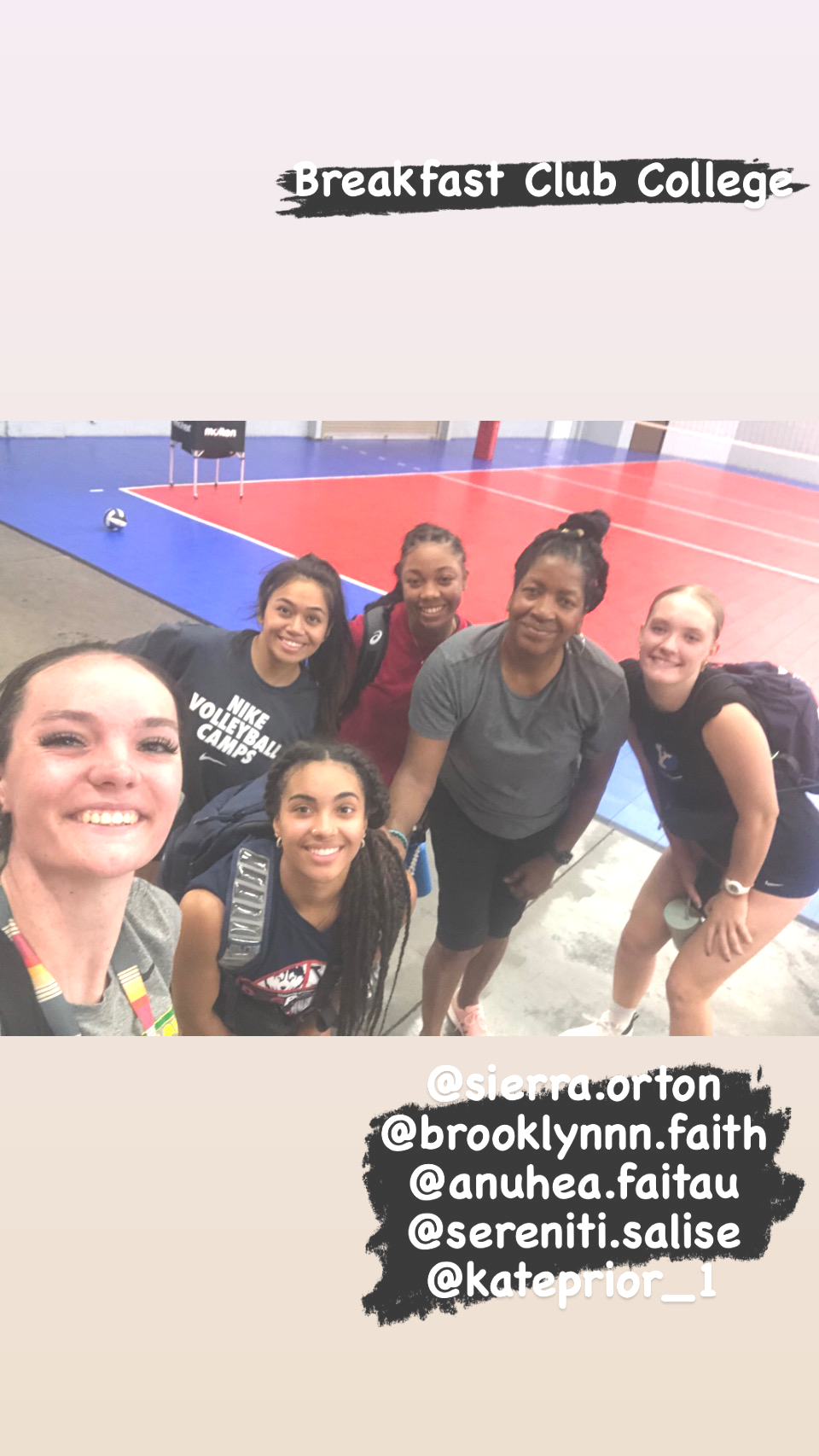 My Breakfast Club for College private volleyball training program is specifically designed to prepare athletes for the demands of college volleyball. (Pictured BYU oppo Kate Prior, Arkansas Tech Sierra Orton, CSUN libero Brooklyn Wiedenheft, Anu Faitau setter and Sereniti Salise