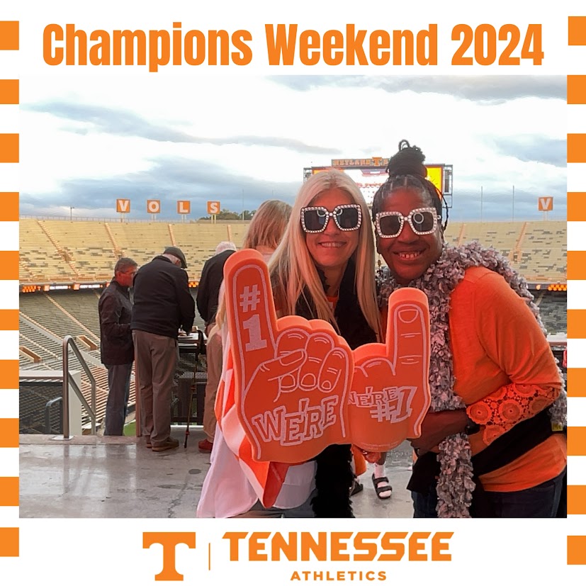 April Chapple and 1984 SEC champion teammate middle blocker Diane Borgerding inside the Neyland Stadium the day before the Tennessee vs Kentucky football game during UTK's Champion Weekend at the Champions social in the YeeHaw Sports Lounge located in the north endzone.