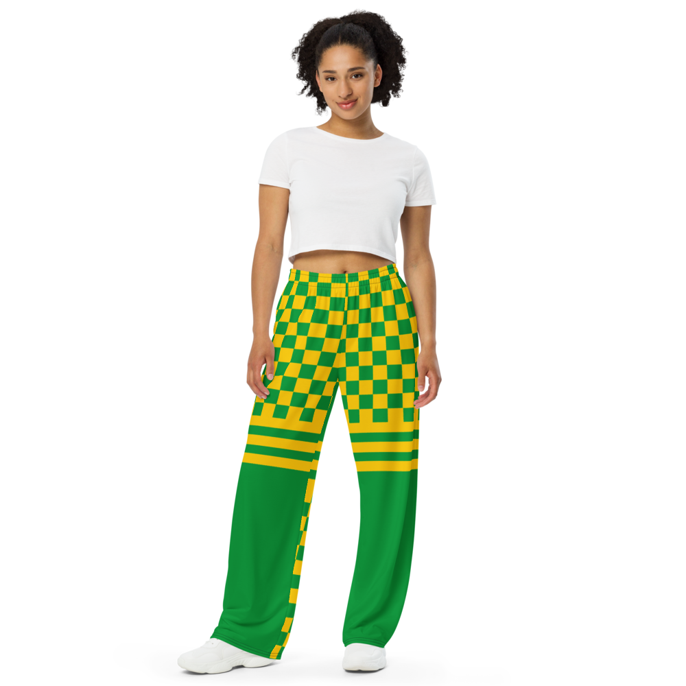 Now you know you want you some of these! Shop Brazilian flag inspired paint splatter and tie dye wide leg pants! This you?