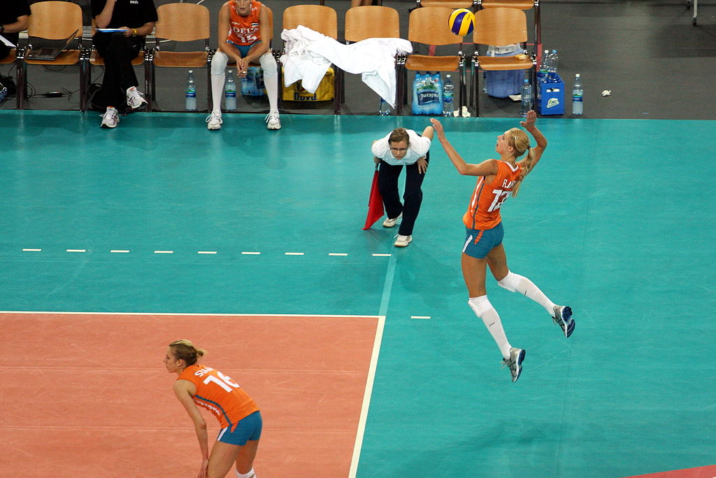 volleyball referee with flag watching server