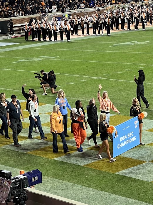 Tennessee Hall of Fame inductee, 3-time All-American, America's first ever First Round Draft Pick for an American pro indoor league and First Team All-Pro for Major League Volleyball and former USA National team member, April Chapple and the UTK 1984 SEC Lady Vol volleyball team introduced and honored in front of a soldout crowd on the field in Neyland Stadium during halftime at the Kentucky vs Tennessee football game during Champions Weekend on Nov 2, 2024.