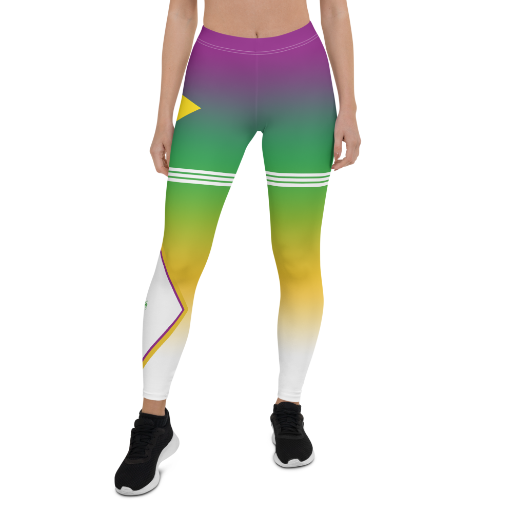 Volleyball tights and leggings inspired by 
Brazilian volleyball with purple green yellow white gradient background pattern with2 triple stripes on both thighs designed by Volleybragswag.