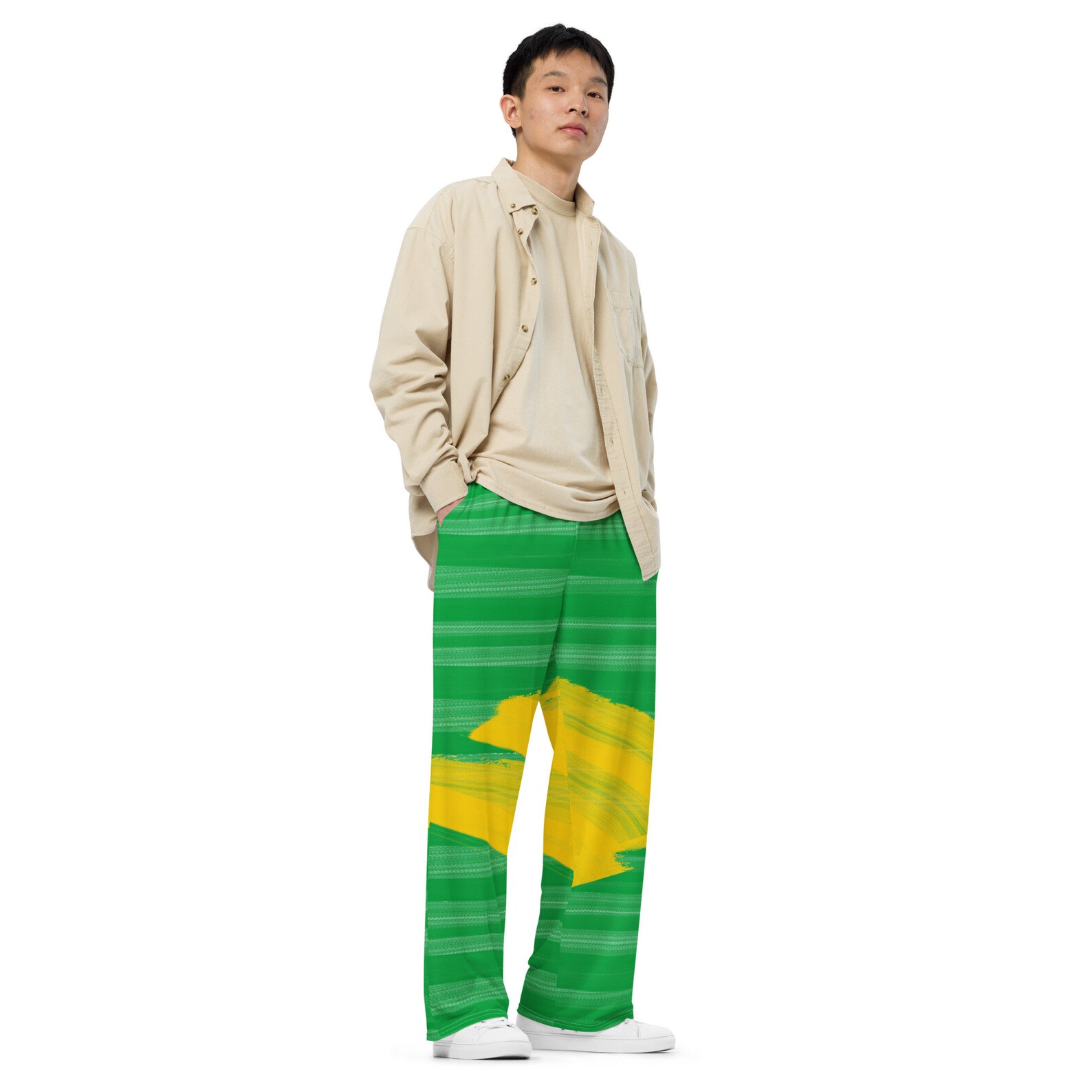 Now you know you want you some of these! Shop Brazilian flag inspired paint splatter and tie dye wide leg pants! This you?