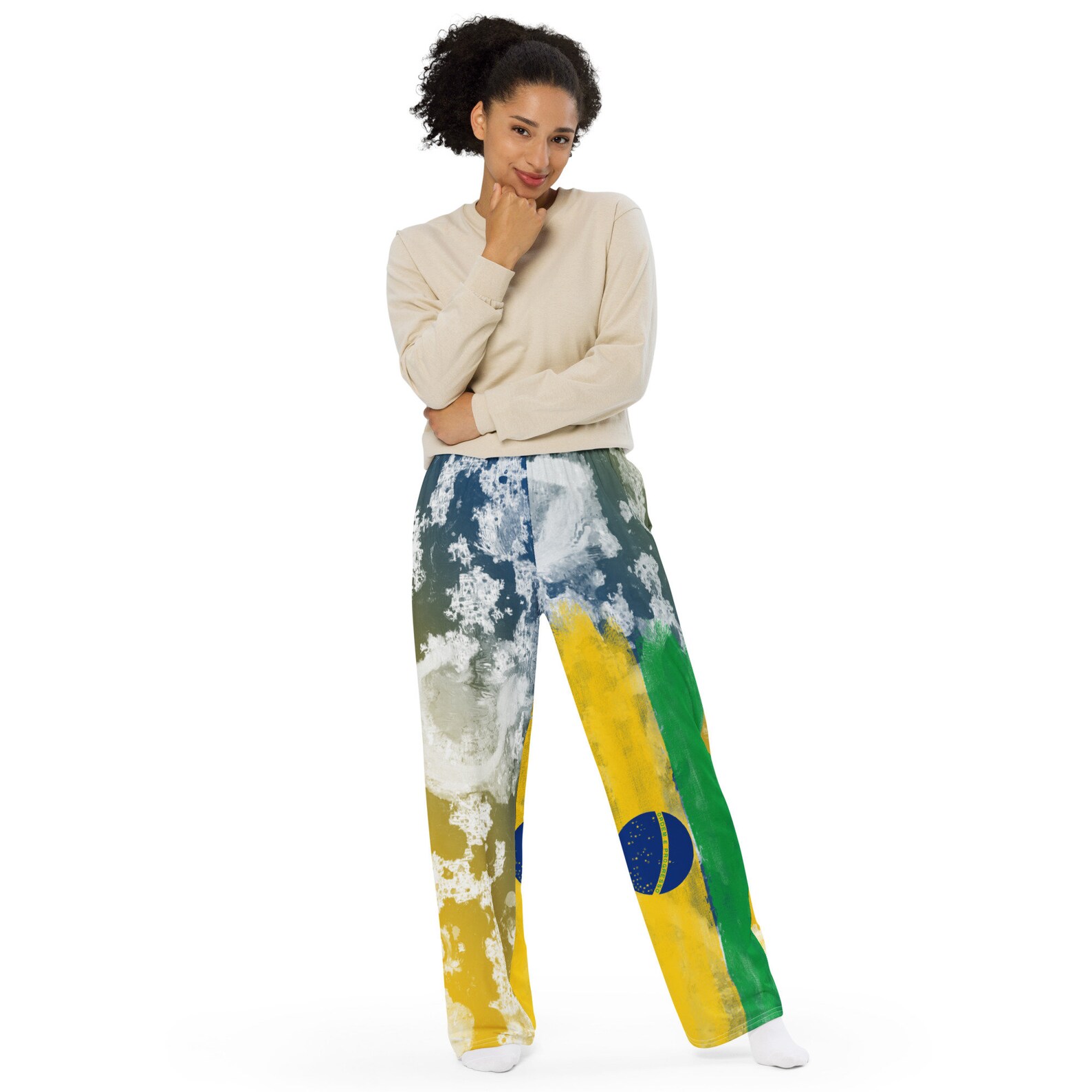 Now you know you want you some of these! Shop Brazilian flag inspired paint splatter and tie dye wide leg pants! This you?