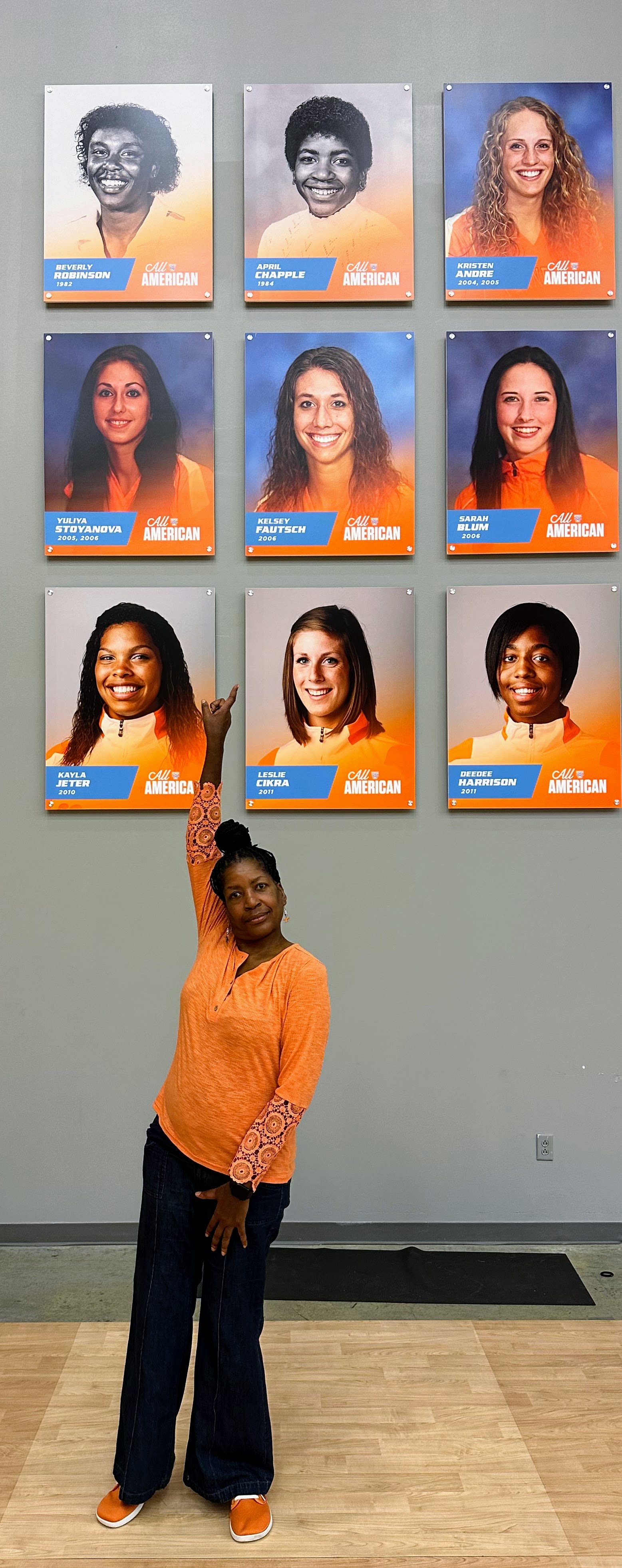 A total of 25 Lady Vols have earned All-Americans in UT history. Las Vegas Based Prep Volleyball Coach April Chapple Is The Second Volleyball Player Named As An All American in Univ of Tennessee Knoxville program history. 
 
Travelling to Knoxville, after being in the second class of UTK Hall of Fame inductees, 40 years later to be celebrated during UTK Champions Weekend on Nov 1-2, 2024, was a big deal.  Seeing myself on the All American wall in the Joan Cronan Volleyball Facility was an honor.
I'm second from the left at the top next to my pepper partner Olympian Bev Robinson who attended UT for two years.