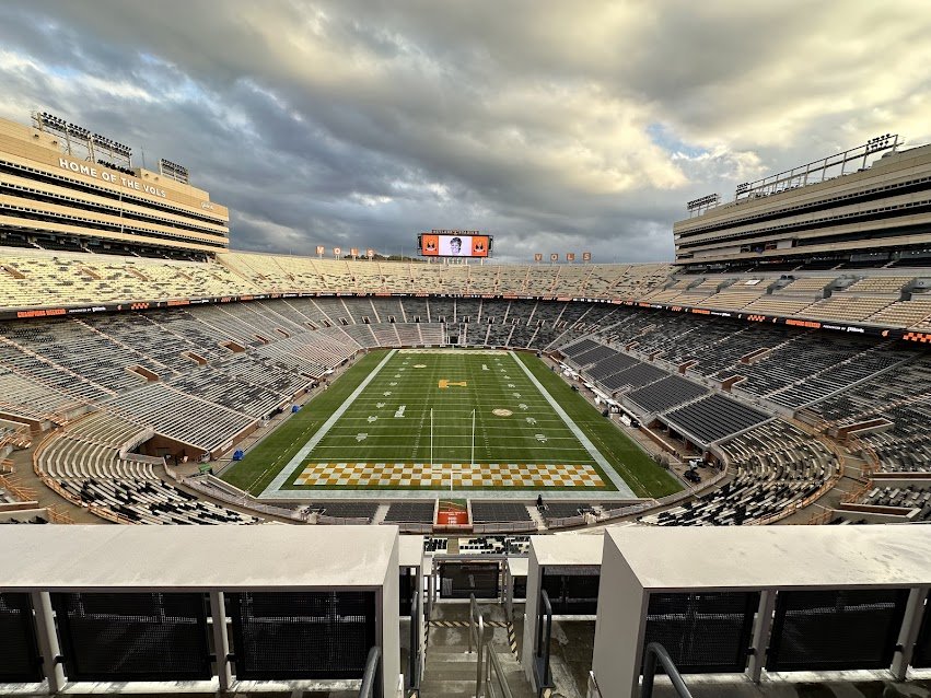 My teammate, Mary Gossett the only other 3-time sec champion besides myself portrait displayed on the Neyland stadium giant screens the calm day before the football game storm during Champions weekend Nov 1-2, 2024.