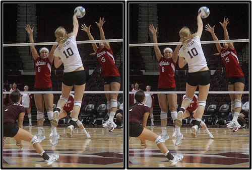 Blocker Volleyball Tactics: A double block in front of a hitter  "takes away" an area on the court like her line shot and to force her to hit cross court or vice versa. (Michael E. Johnston)