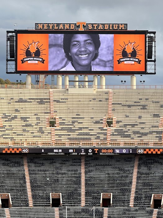 Lady Vol volleyball legend and record holder Coach April Chapple a University of Tennessee, Knoxville Hall of Fame Inductee, 3-time All American, 3-time SEC Champion, SEC Tournament MVP, 2-time All SEC Team is celebrated with her 1984 SEC champion teammates at Neyland Stadium during Champions Weekend on November 1-2, 2024.